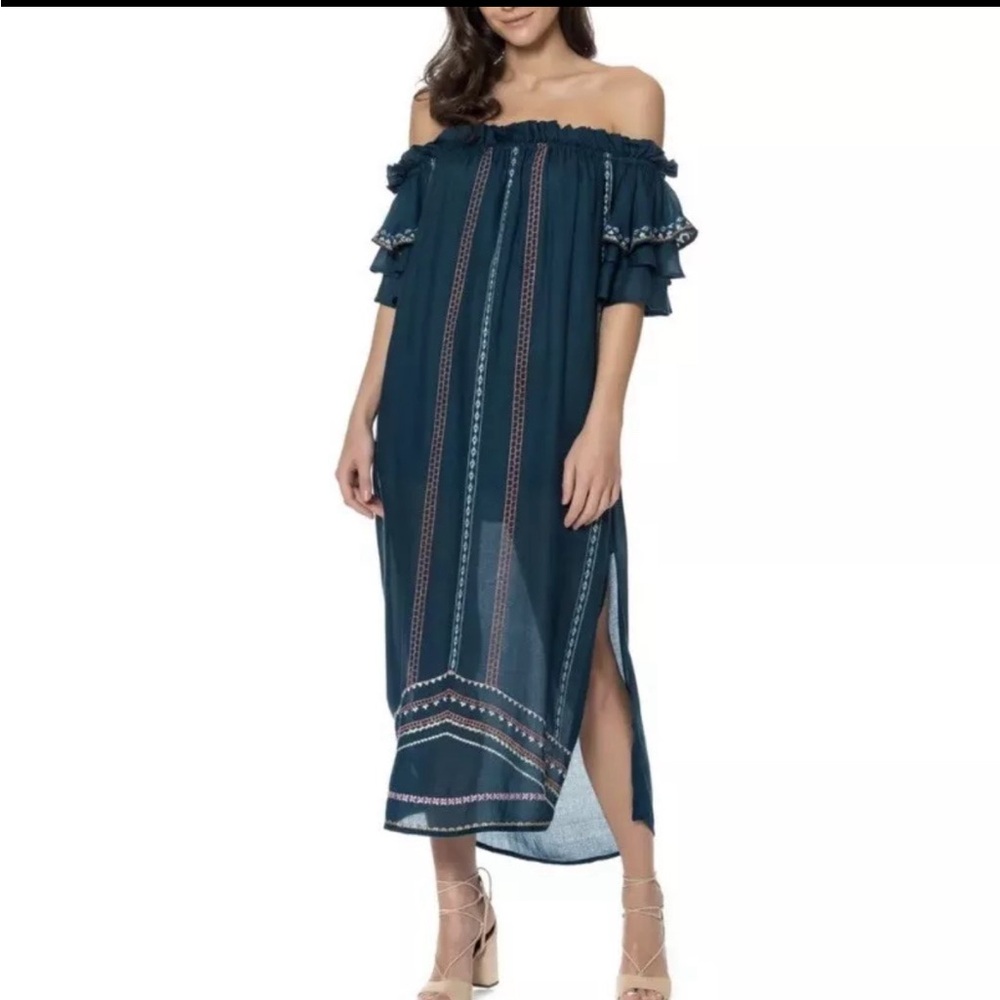 RED CARTER Blue Covo Midi Dress Flouncy Off Shoulder Embroidered Lightweight M